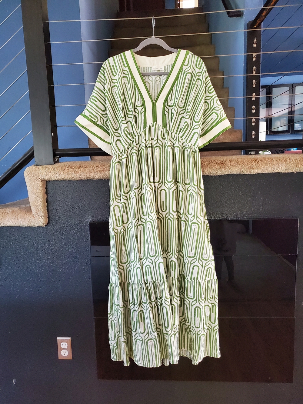 entro Green and White Geometric V-Neck Tiered Maxi Dress